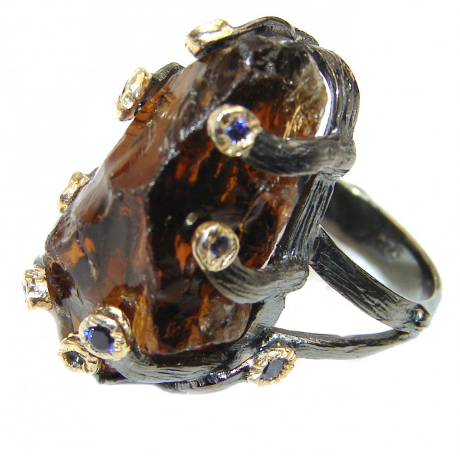 Huge Rough Smoky Topaz Two Tones .925 Sterling Silver handcrafted ring s. 6 1/4
