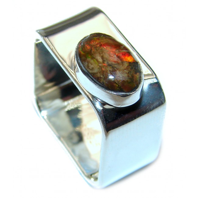 Pure Energy Fire Genuine Canadian Ammolite .925 Sterling Silver handmade ring size 8