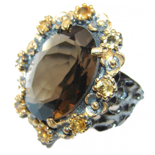 Very Bold Champagne Smoky Topaz 14K Gold over .925 Sterling Silver Ring size 7