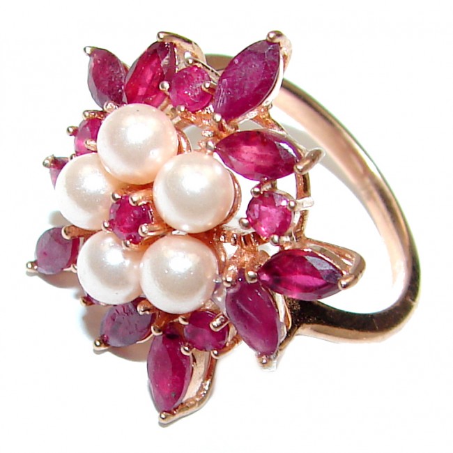 Gabriella Genuine Ruby White Pearl Rose Gold over .925 Sterling Silver handcrafted Statement Ring size 7