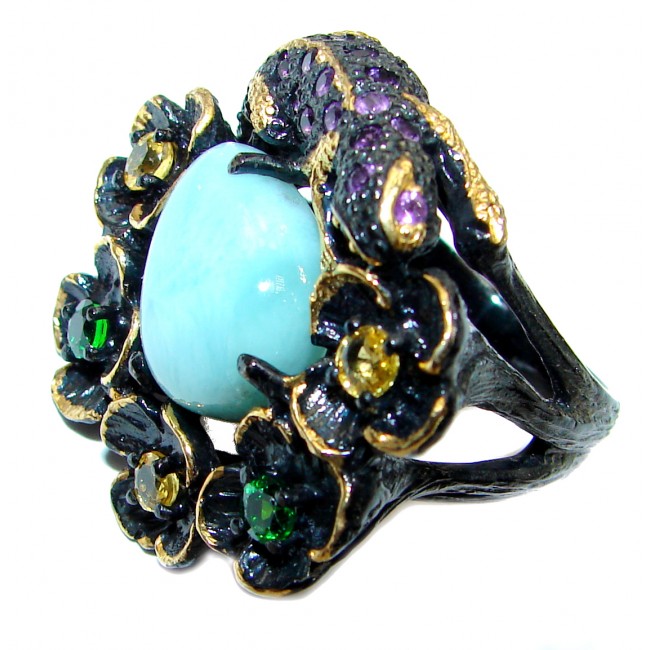 Simple Beauty Natural Larimar black rhodium .925 Sterling Silver handcrafted Large Ring s. 9