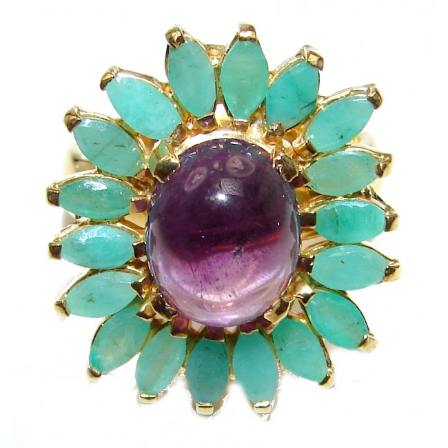 Vintage Style Natural Amethyst Emerald 14K Gold over .925 Sterling Silver handcrafted Ring s. 8