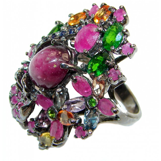 Large Genuine Ruby black rhodium over .925 Sterling Silver handcrafted Statement Ring size 9 3/4
