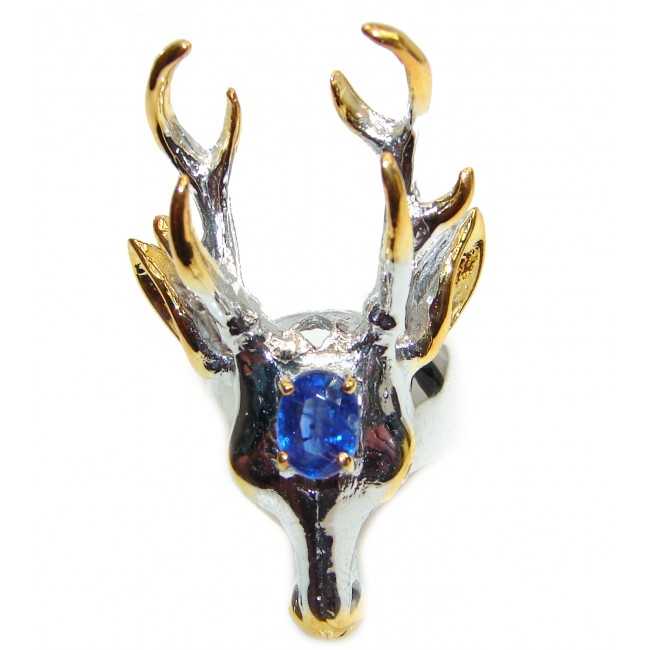 Large Deer Head Sapphire .925 Sterling Silver handmade Ring size 9