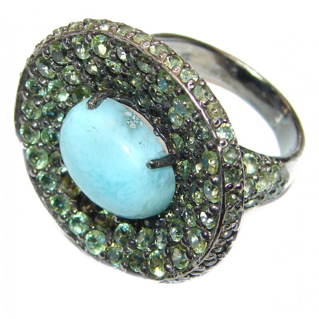 Simple Beauty Natural Larimar black rhodium .925 Sterling Silver handcrafted Large Ring s. 8 1/2
