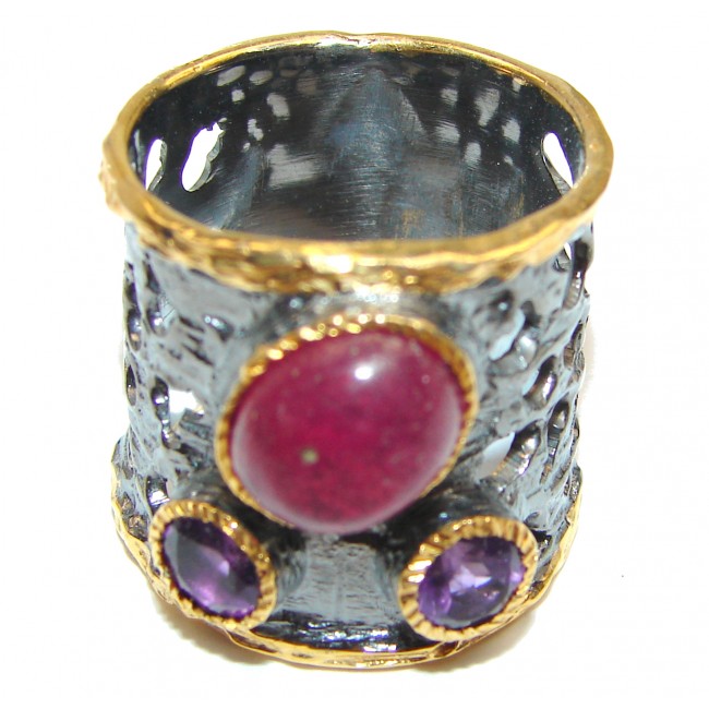Genuine Ruby 18K Gold .925 Sterling Silver handcrafted Statement Ring size 7