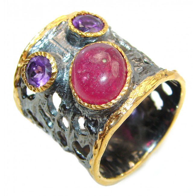 Genuine Ruby 18K Gold .925 Sterling Silver handcrafted Statement Ring size 7