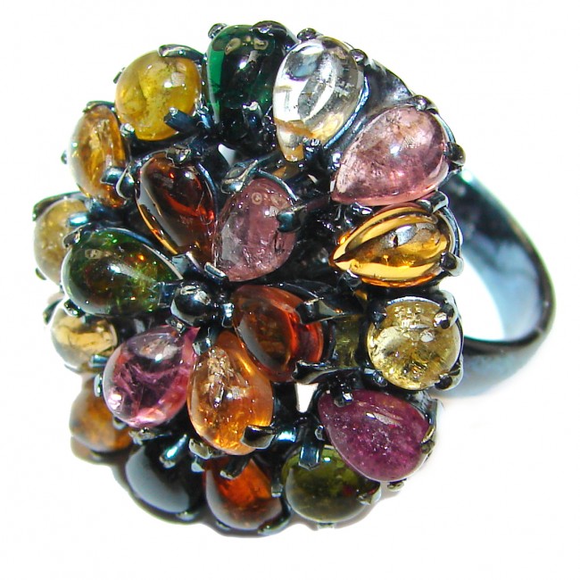 Brazilian Beauty Tourmaline black rhodium over .925 Sterling Silver handcrafted Statement LARGE Ring size 8