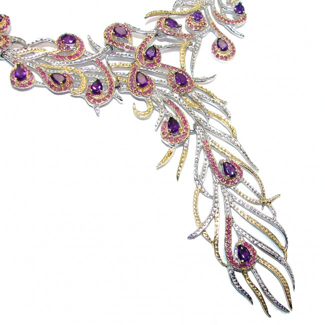 HUGE 70.2 grams Peacock Feather design genuine AMETHYST .925 Sterling Silver handcrafted Necklace