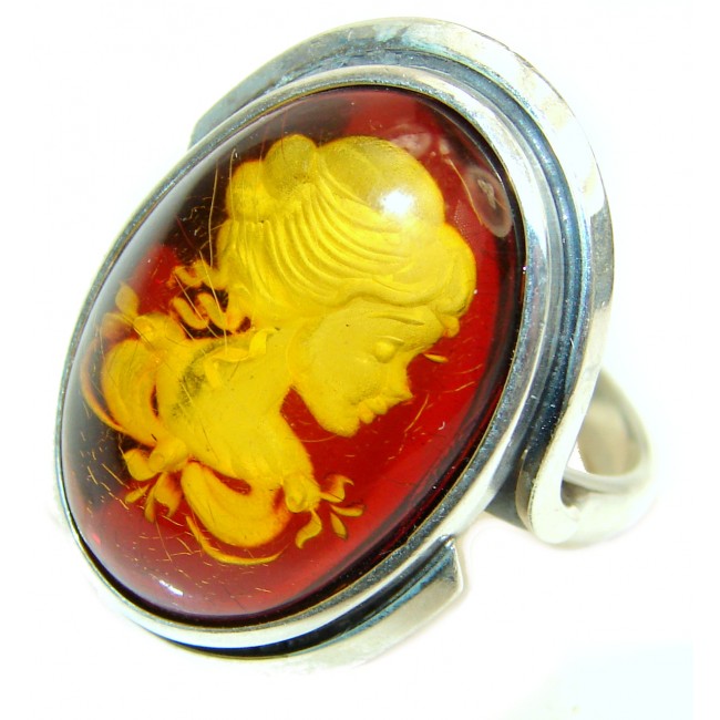 Beautiful Authentic Cameo Baltic Amber .925 Sterling Silver handcrafted ring; s. 9