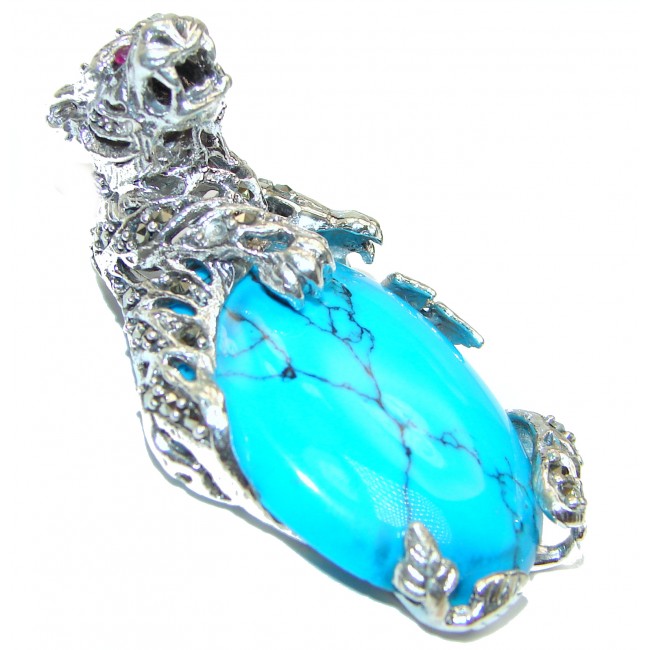 Wild Tiger Genuine Turquoise .925 Sterling Silver handcrafted Pendant