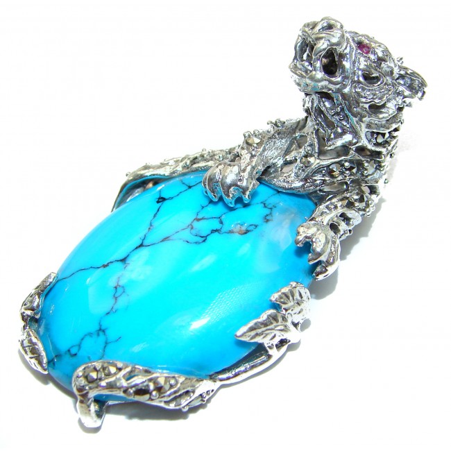 Wild Tiger Genuine Turquoise .925 Sterling Silver handcrafted Pendant