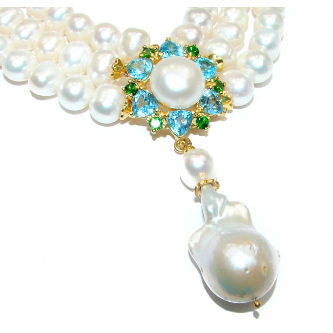 Trilliant Swiss Blue Topaz Pearl Mother of Pearl 14K Gold over .925 Sterling Silver handmade Necklace