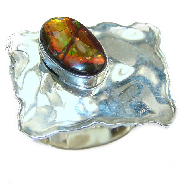 Pure Energy Fire Genuine Canadian Ammolite .925 Sterling Silver handmade ring size 4 1/4