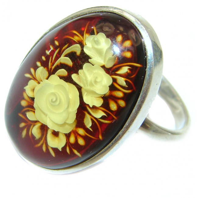 Nature inspired Authentic carved Baltic Amber .925 Sterling Silver handcrafted ring; s. 7 adjustable
