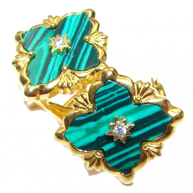 Outstanding Malachite Lucky Four Leaf Clover 18K Gold over .925 Sterling Silver Earrings