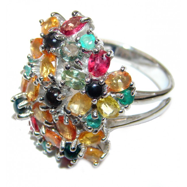 Genuine Multicolor Sapphire Black Opal .925 Sterling Silver handmade Cocktail Ring s. 8