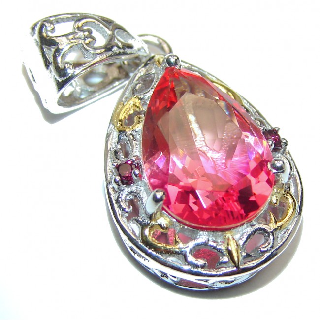 Deluxe pear cut Pink Tourmaline 18K Gold over .925 Sterling Silver handmade Pendant