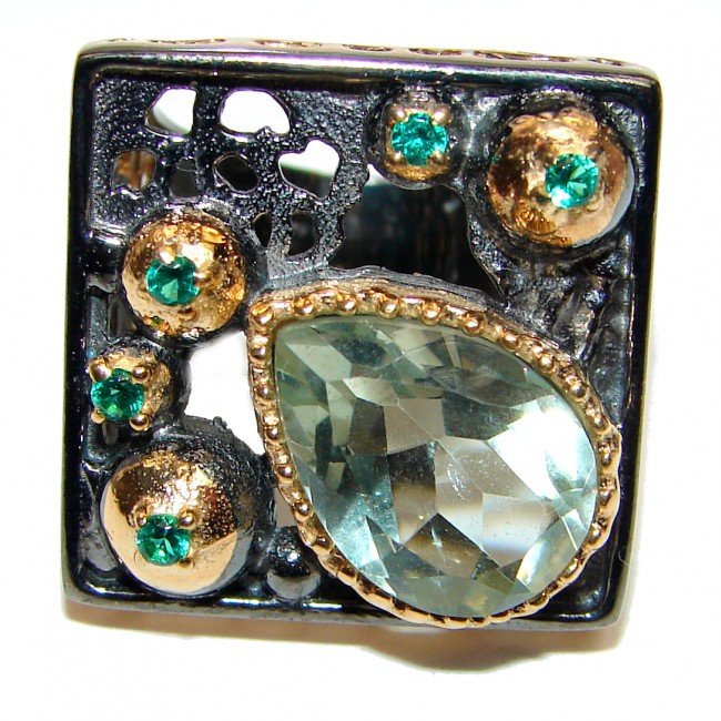 Spectacular Natural Green Amethyst 18K Gold over .925 Sterling Silver handcrafted ring size 6