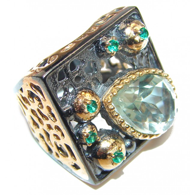 Spectacular Natural Green Amethyst 18K Gold over .925 Sterling Silver handcrafted ring size 6