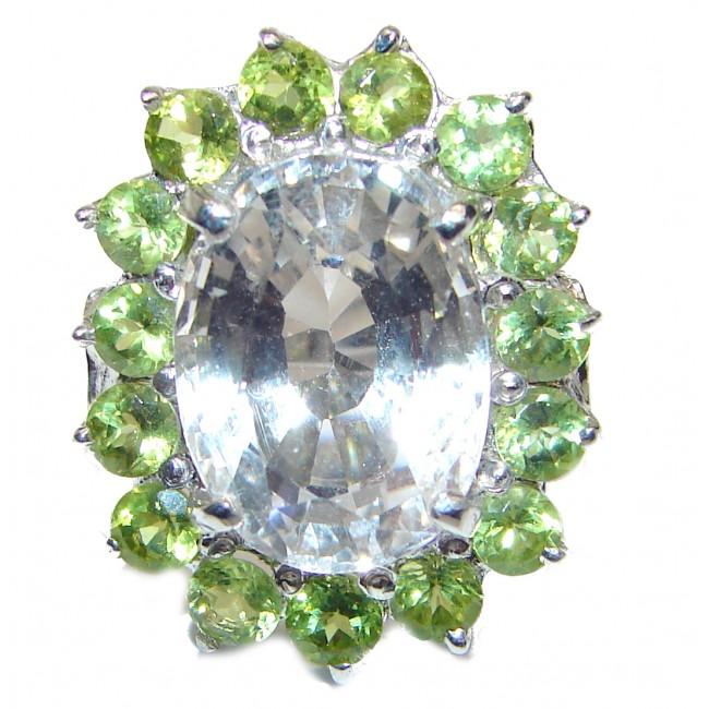 Royal quality Authentic White Topaz Peridot .925 Sterling Silver Statement ring size 7 3/4
