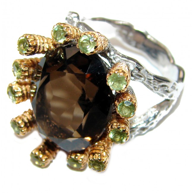 Very Bold Champagne Smoky Topaz 14K Gold over .925 Sterling Silver Ring size 8