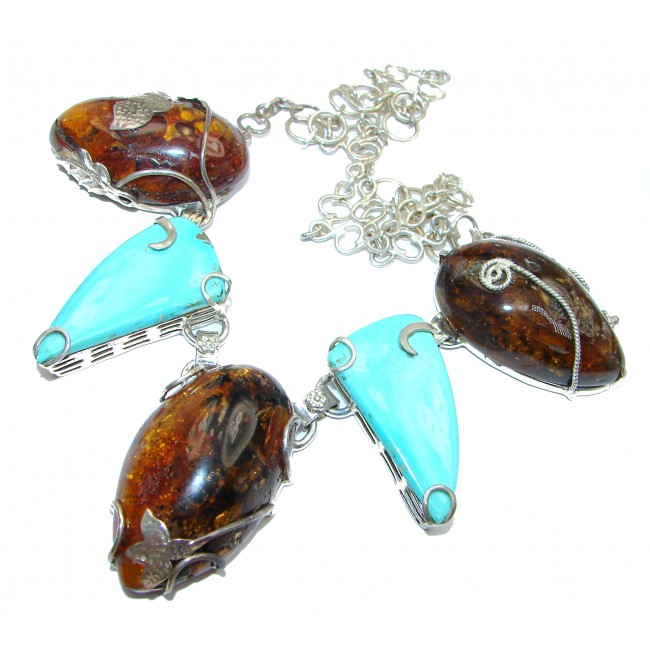 Perfect Together Best quality authentic Turquoise Amber .925 Sterling Silver handmade necklace