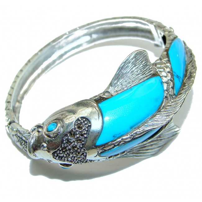 Large Fish Genuine inlay Turquoise Marcasite .925 Sterling Silver handmade Bracelet Bangle