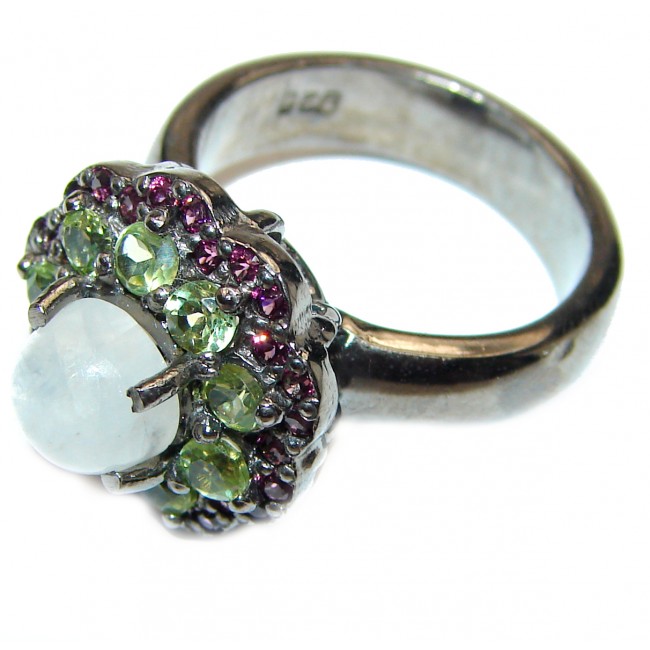 Angelica Rainbow Moonstone Ruby Black rhodium over .925 Sterling Silver handmade Ring size 7 1/4