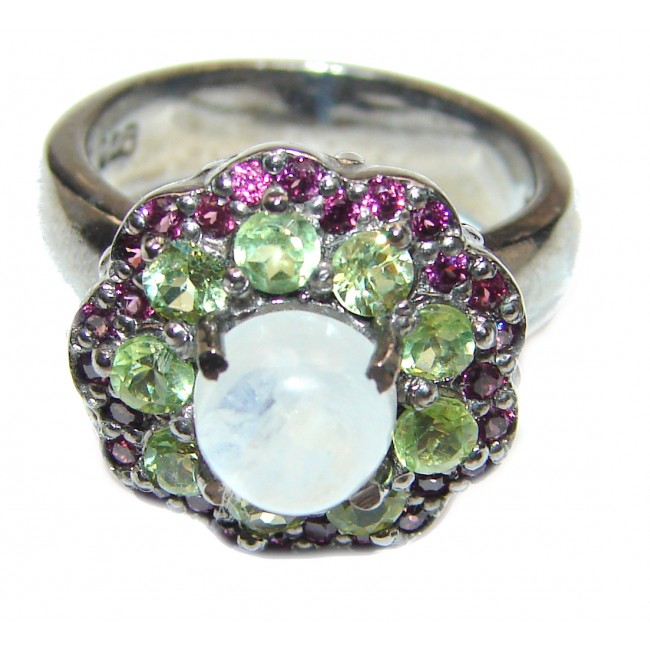 Angelica Rainbow Moonstone Ruby Black rhodium over .925 Sterling Silver handmade Ring size 7 1/4