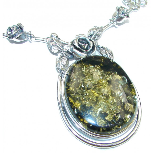 Natural Vintage Beauty Green Polish Amber .925 Sterling Silver handmade necklace