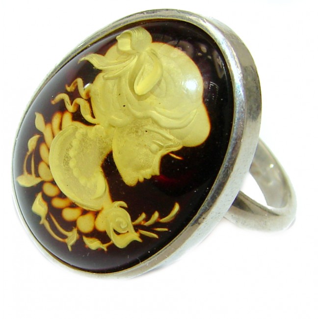 Beautiful Authentic Cameo Baltic Amber .925 Sterling Silver handcrafted ring; s. 8 adjustable