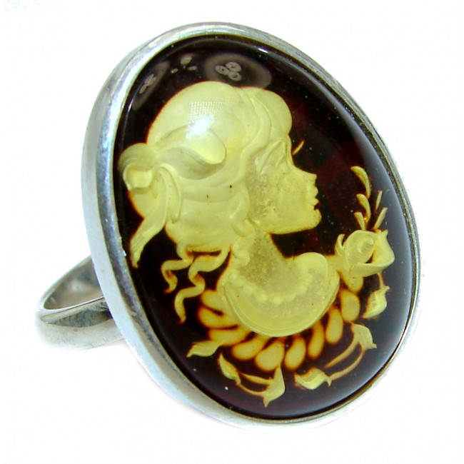 Beautiful Authentic Cameo Baltic Amber .925 Sterling Silver handcrafted ring; s. 8 adjustable