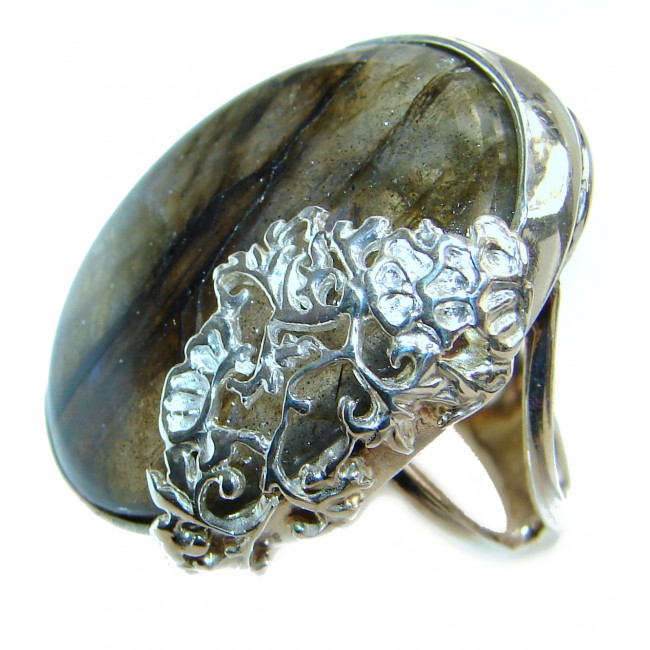 Huge Silky Fire Labradorite .925 Sterling Silver Bali handmade ring size 7 adjustable