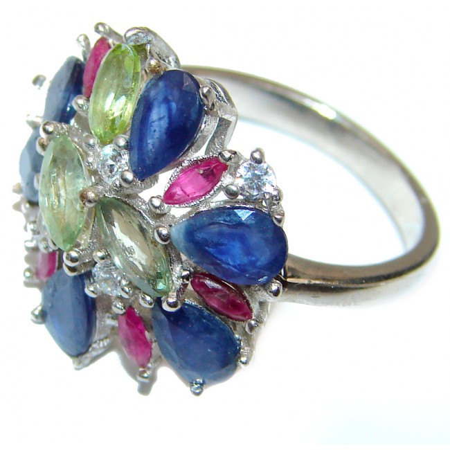 Huge Natural Green Sapphire Blue Sapphire .925 Sterling Silver Statement ring size 7 1/4