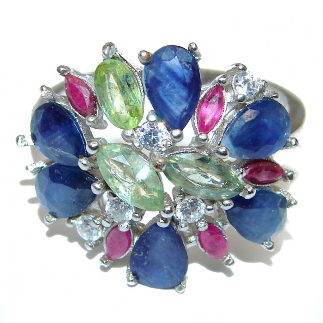 Huge Natural Green Sapphire Blue Sapphire .925 Sterling Silver Statement ring size 7 1/4