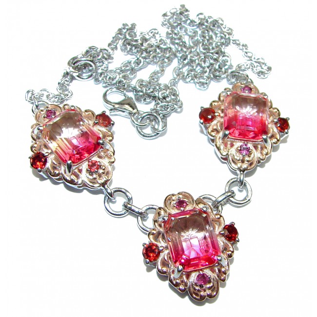 Pink Tourmaline color Topaz 18K Gold over .925 Sterling Silver handcrafted necklace