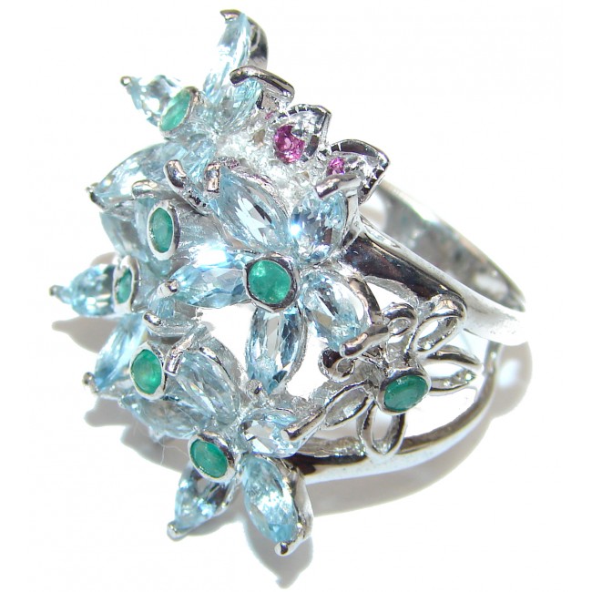 Splendid genuine Aquamarine Emerald .925 Sterling Silver Ring size 8