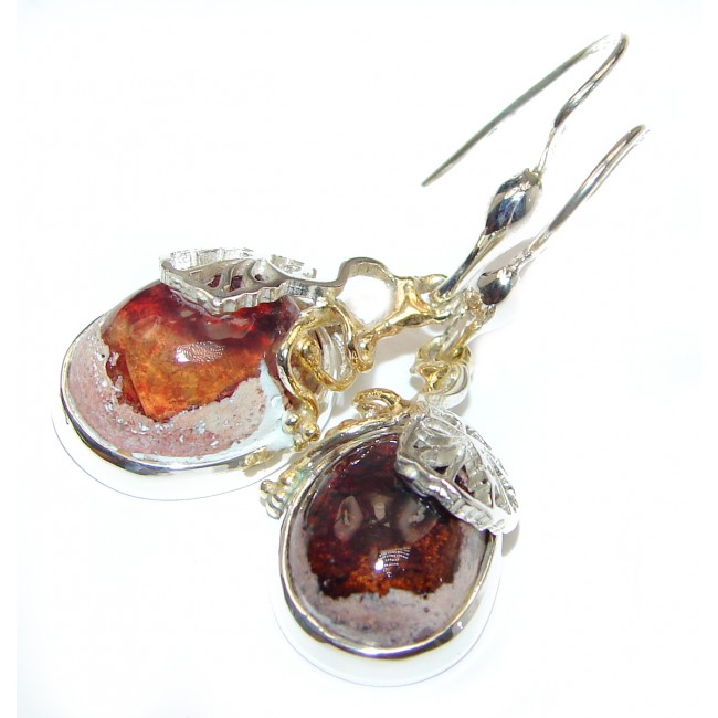 Rustic Design authentic Mexican Fire Opal 14K Gold over .925 Sterling Silver handcrafted earrings