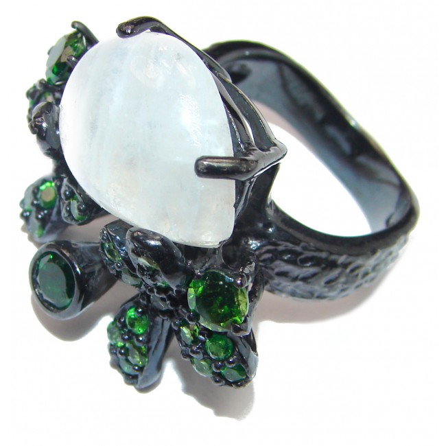 Rainbow Moonstone Chrome Diopside black rhodium over .925 Sterling Silver handmade Ring size 8