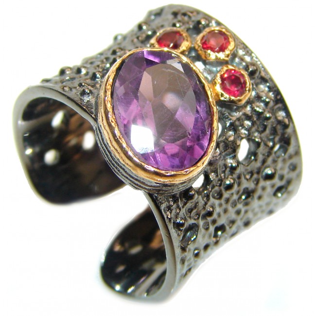 Large Victorian Style genuine Amethyst .925 Sterling Silver handcrafted Ring size 7 adjustable