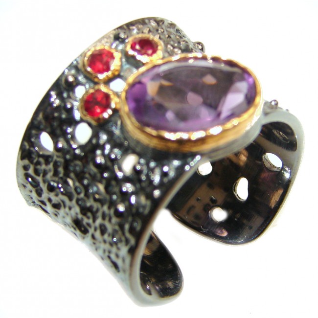 Large Victorian Style genuine Amethyst .925 Sterling Silver handcrafted Ring size 7 adjustable