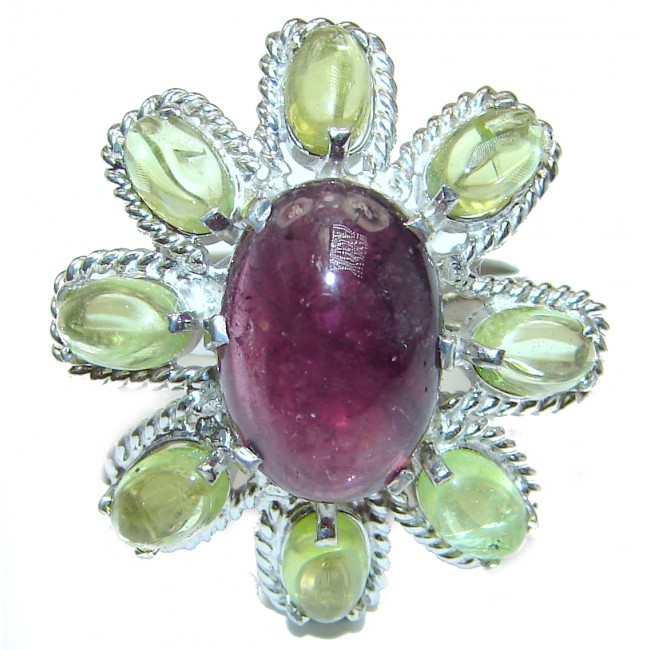 Diva's Dream Large Genuine Ruby Peridot .925 Sterling Silver handcrafted Statement Ring size 8 3/4