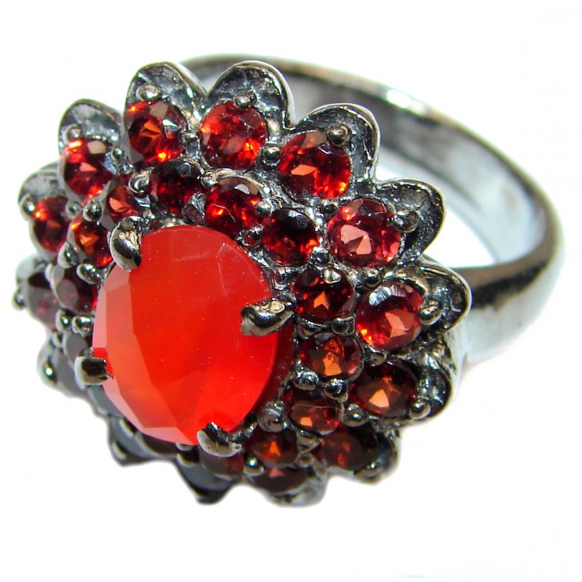Dazzling natural Mexican Precious Fire Opal black rhodium over .925 Sterling Silver handcrafted ring size 8 1/2