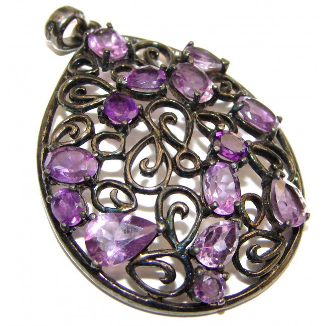 Large Amazing genuine Amethyst black rhodium over .925 Sterling Silver handcrafted pendant