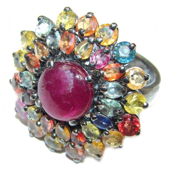 Genuine 12ctw Ruby Tourmaline black rhodium over .925 Sterling Silver handcrafted Statement Ring size 6