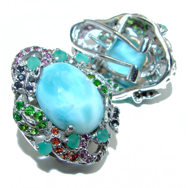 Blue Treasure Larimar Ruby Emerald .925 Sterling Silver stud earrings