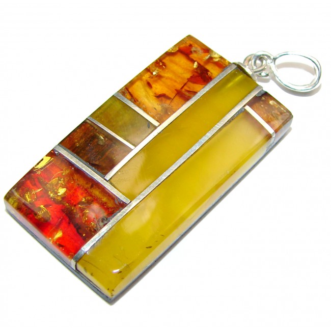 Handcrafted Mosaic Polish Amber Bamboo Wood .925 Sterling Silver handcrafted Pendant