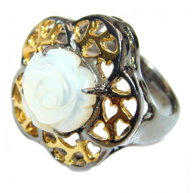 White Flower Blister Pearl black rhodium over .925 Sterling Silver handmade ring size 8