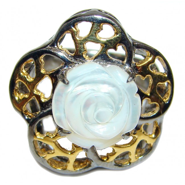 White Flower Blister Pearl black rhodium over .925 Sterling Silver handmade ring size 8